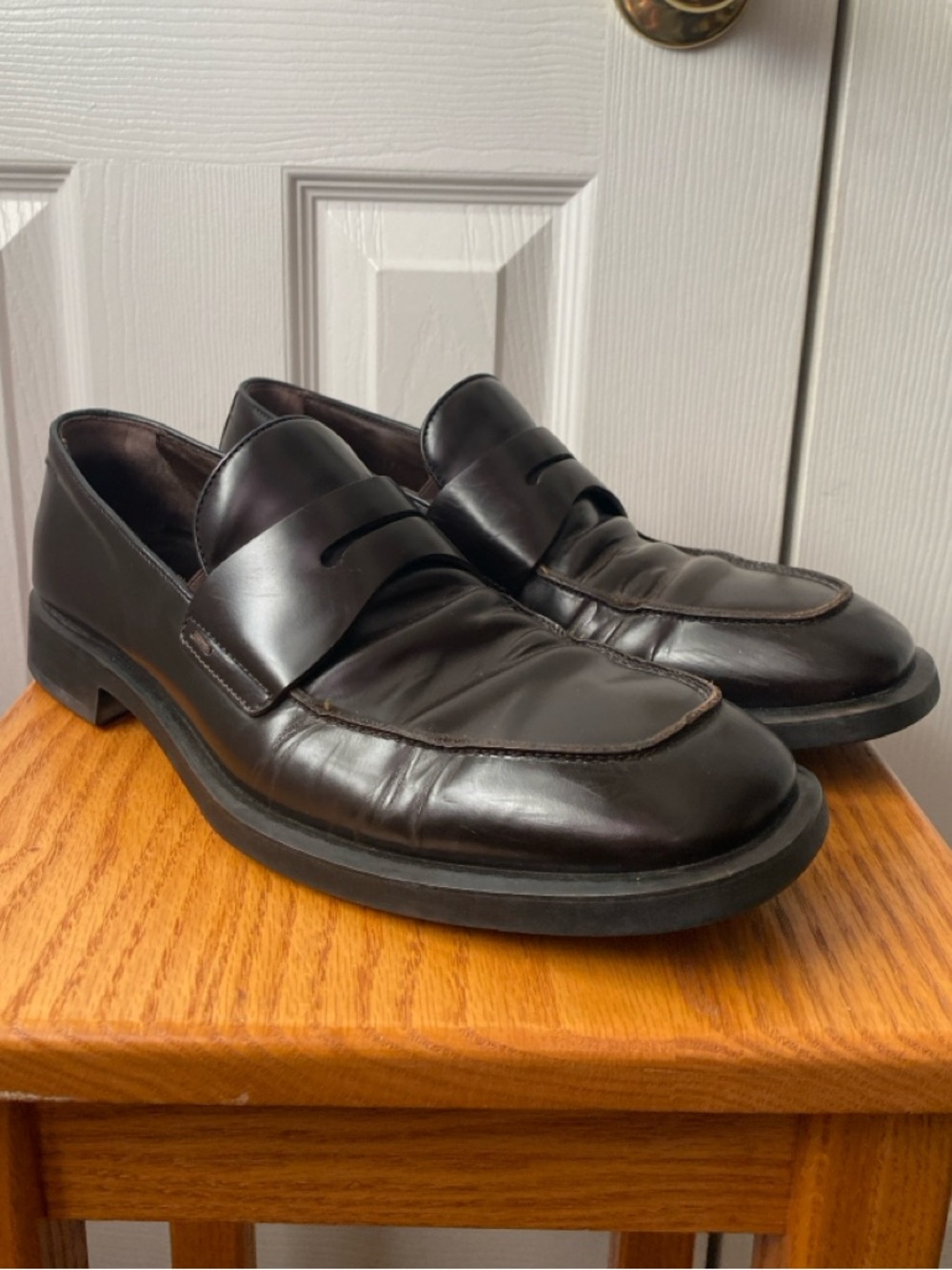 BOSS‎ Hugo Boss Italian Dark Brown Leather Apron Square Toe Penny Loafer 7.5